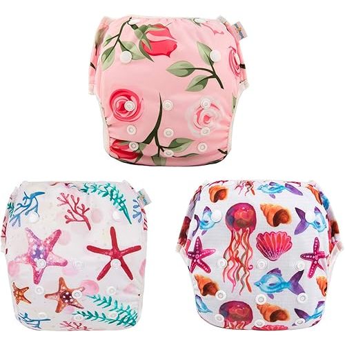 Babygoal Baby & Toddler Girl and Boy Swim Diapers, Reusable Adjustable Washable One Size Fits 6M-3T Gifts and Swimming Lessons 3 Pack 3ZSD06