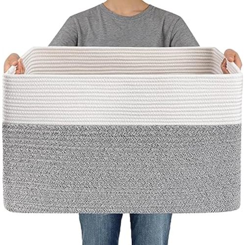 JMvicyroam Woven Blanket Basket,65L Large Storage Bin for Blankets Toys Clothes,Decorative Rope Basket for Living Room Bedroom with Handles, White&Grey