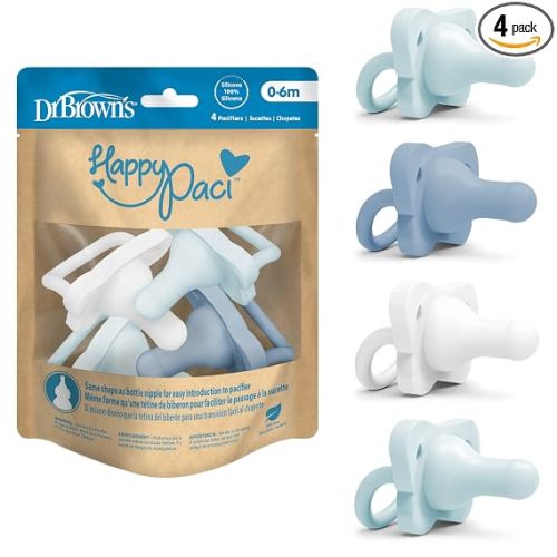 Dr. Brown's HappyPaci 100% Silicone Baby Pacifier, Contoured One-Piece Design, Blue/Light Blue/White, 0-6m, BPA-Free, 4-Pack