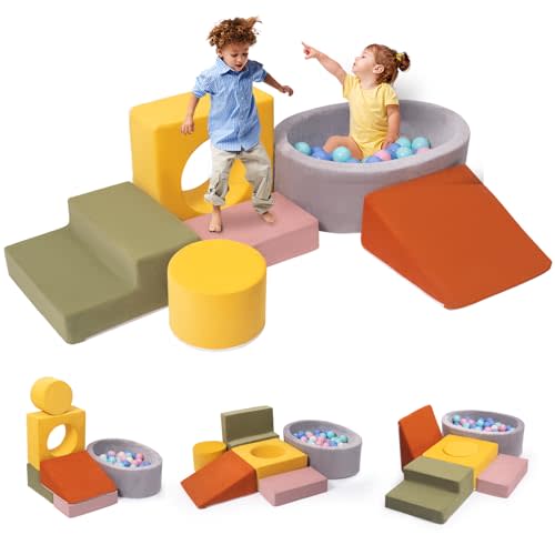 6-Piece Foam Climbing Blocks for Toddler, Baby Climbing Toys | With Ball Pit, Indoor Climb and Crawl Soft Play Set, Non-slip base, Washable Cover, For 1‑3 years old, Multi-Color