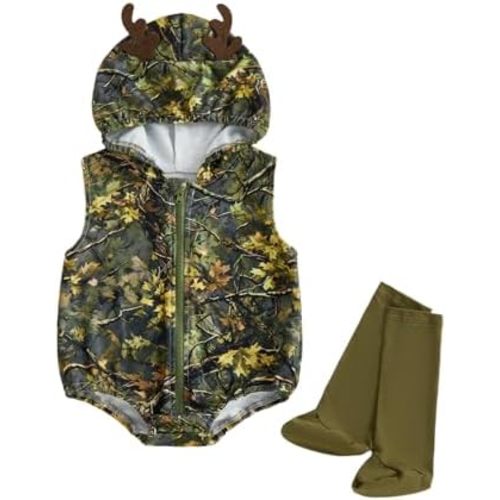 Newborn Baby Boy Hunting Outfit Jungle Camo Sleeveless Hoodie Romper Bodysuit Deer Zipper Clothes Socks