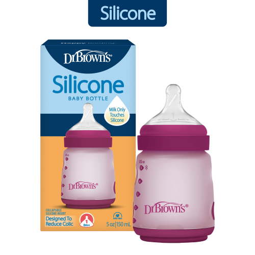 Dr. Brown's Silicone Baby Bottle with Collapsible Insert Designed to Reduce Colic, 5 oz with Wide-Neck Level 1 Slow Flow Nipple, BPA-Free, 0m+, Pink