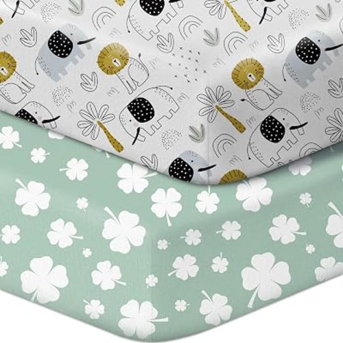 Pack N Play Sheets Fitted, 2-Pack, Soft Breathable Playard Sheets, Mini Crib Sheets for Standard Pack N Play Mattress, Unisex Baby Sheets(Lion & Four-Leaf Clover)