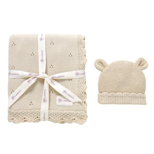 LAWKUL 100% Organic Cotton Baby Blanket and Beanie Hat Set, Beige | Newborn Essentials, Knit Skull Cap, Crochet Swaddling, Soft Cozy, Infants Boy Girl Gift