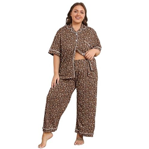 Vozanet Women's Plus Size Pajamas Button Down Shirt and Pants Soft Lounge Sets Bride Nighty Bottom with Pockets 1x to 5x
