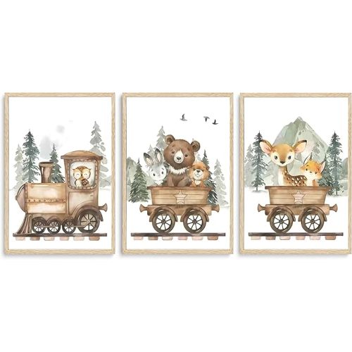 SZHUAAIC 3Pcs Woodland Animal Nursery Canvas Wall art Forest Wildlife Train Adventure Drawing Picture Wall Decor Fox Bear Deer Rabbit Owl Poster Printings for Boys Girls Room Home Decoration Unframed
