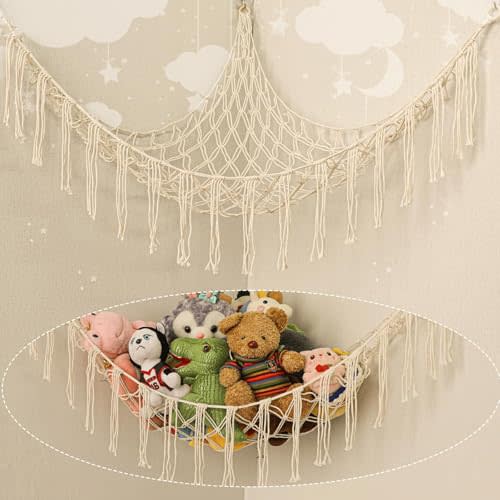Stuffed Animal Hammock Corner, Hand-knitted Large Plushie Net Toy Hammock with Wooden Rings | Boho Cute Stuff Animal Storage for Nursery & Bedroom | Mesh Kids Toy Organizer Holder Nursery Room Decor