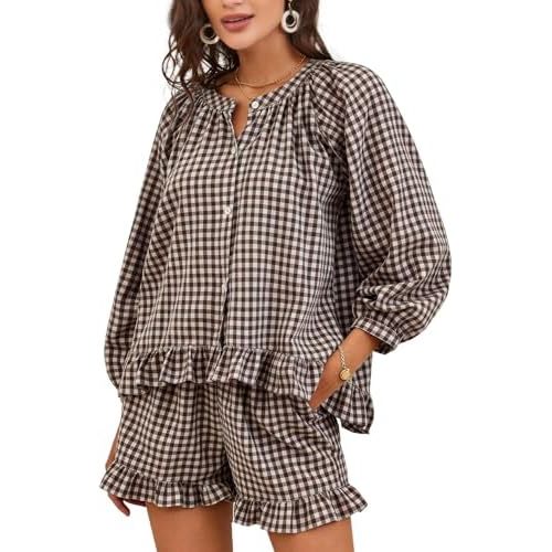 Flygo Womens Gingham 2 Piece Pajama Sets Y2K Cotton Ruffle Short Sets