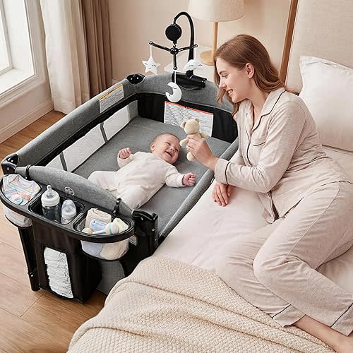 Kinder King 4 in 1 Portable Baby Playard, Foldable Baby Bedside Crib w/Bassinet, Infant Pack and Play Playard Toddler Large Playpen, Newborn Changing Table, Storage Basket, Grey