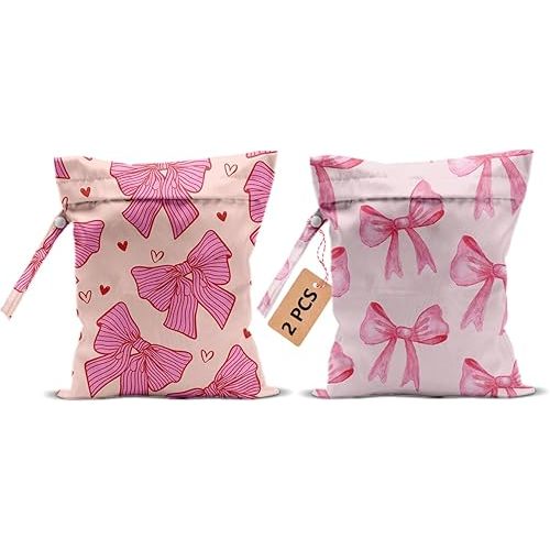 2Pcs Pink Bow Wet Bags 12x10 Inch, Heart Waterproof Travel Laundry Bags, Washable Reusable Wet Dry Bag for Swimsuit Pool Beach Diapers Dirty Yoga Gym Clothes, Pink Gifts for Women Friend Travelers