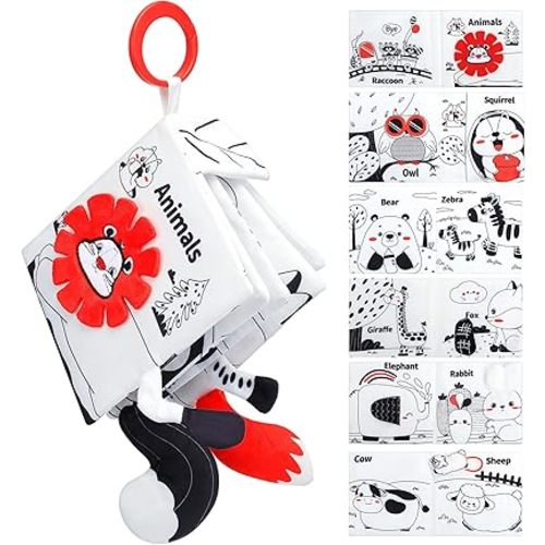 High Contrast Baby Toys, Premium 6-Page Soft Crinkle Cloth Book with Gift Box, Black White Visual Stimulation Sensory Toy for 0-12 Months, Stroller (First Animal)