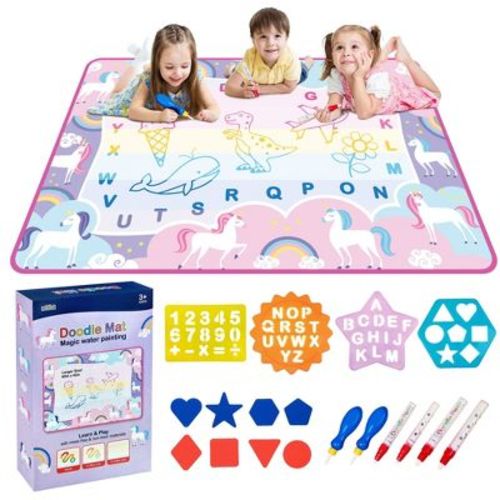 Water Doodle Mat - 19 Piece Kids Painting Writing Color Doodle Drawing Mat - 60" x 42" (Unicorn Rainbows)