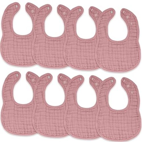Comfy Cubs Muslin Bibs for Babies, Pack of 8 - Soft and Highly Absorbent, Feeding, Drool and Teething Bib, Adjustable Snaps - Stylish & Colorful Unisex Designs, Giftable Set - Mauve