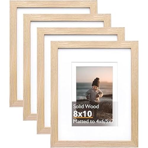 KINLINK 8x10 Picture Frame Natural, Solid Wood Frames with Acrylic Plexiglass for Pictures 4x6/5x7 with Mat or 8x10 without Mat, Tabletop and Wall Display Photo Frame, Set of 4