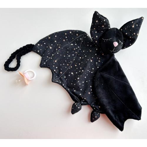 Personolized bat lovey for baby with pacifier loop ,  bat pacifier holder, personolised baby lovey, baby shower gift,  gothic baby toy