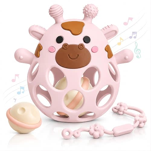 3-in-1 Giraffe Teether with Strap, Baby Rattle, 3-6 6-12 Months, BPA Free