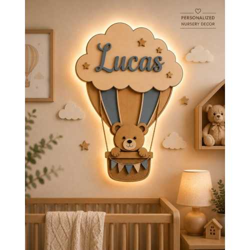 Personalized Wooden Hot Air Balloon Name Sign, Teddy Bear Nursery Decor
