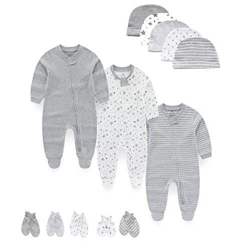 MAMIMAKA Baby Boy Girls Clothes 2-Way Zip Footed Long Sleeve 100% Cotton,Newborn Caps and Scratch Mittens Set 0-6 Months