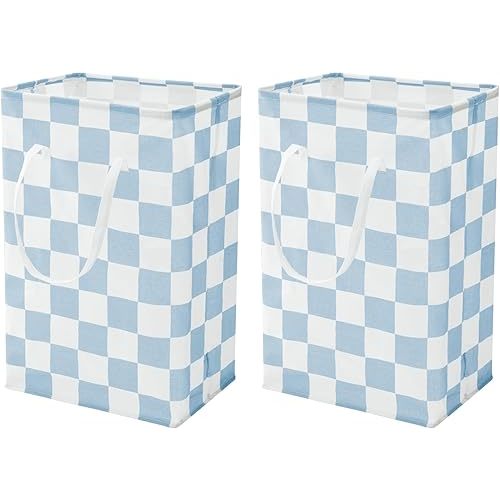 Checkered Laundry Hamper, Pack of 2, Large Pastel Blue Collapsible Cloth Hampers Basket for Storage Organization Cute Aesthetic, 2 x 75L