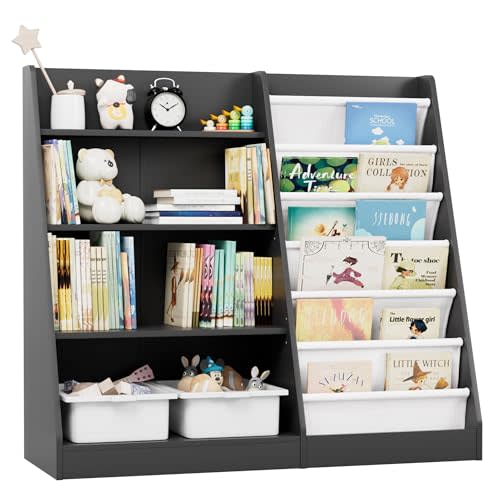 HedoAjim Black Kids Bookshelf Wood Toy Storage Organizer Cabinet Children Bookcase Toddler Baby Sling Book Rack Adjustable Shelf for Playroom Bedroom Nursery Hallway School Kindergarten