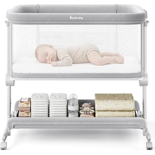 Ezebaby Baby Bassinets Bedside Sleeper, Portable Bedside Bassinet for Baby Newborn Infants with Adjustable 7 Heights and All Mesh Sides, Newborn Crib with Mattress and Soft, Breathable Sheet
