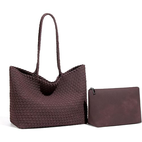 Woven Suede Shoulder Bag Tote Set for Women, Handwoven Suede Tote with Matching Pouch, Casual Soft Woven Handbag