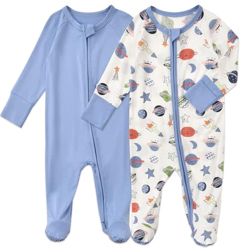 Aablexema Baby Footed Coverall Pajamas with Mittens Rayon from Bamboo 2pcs Newborn Infant 2-way Zipper Outfit