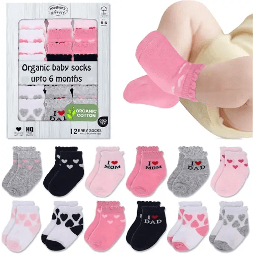 Mother's Choice Calcetines de algodón orgánico para bebés de 0 a 6 meses, 12 pares de calcetines suaves para bebés, calcetines suaves hasta el tobillo para niñas, calcetines cálidos rosas para recién