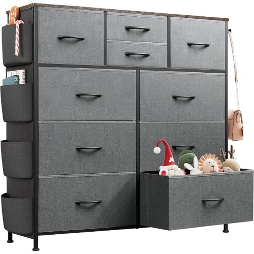 WLIVE 10 Drawer White Fabric Dresser for Bedroom, Side Pockets Chest - Dark Gray