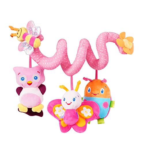 Jollybaby Crib Stroller Car Seat Toys for Baby 0-3-6-9-12 Months, Tummy Time Hanging Sensory Toys for Newborn with Music Box and Teether, Spiral Carseat Toy for Infant Boys Girls Gifts (13-Pink)
