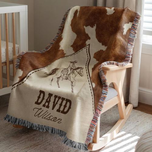 Personalized Cowboy Baby Blanket, Western Name Blanket For Boys, Woven Heirloom Throw, Cow Print Nursery Gift, Rustic Custom Blanket