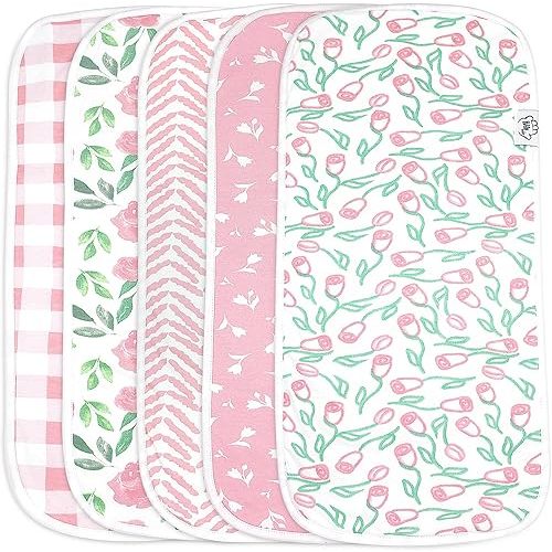 Baby Burp Cloths - 5 Pack Large - Double Layered Top Layer 100% Cotton and Bottom Layer 100% Polyester Fleece Absorbent Burping Cloth Extra Absorbent Baby Burp Cloth Extra Soft for Girls