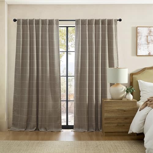 Elrene Home Fashions Sawyer Windowpane Plaid Room Darkening Single Window Curtain Panel with Rod Pocket/Back Tabs for Living Room/Bedroom/Office, 52"x84", Taupe
