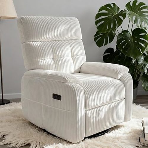 Overized Power Swivel Rocker Recliner Chair,Comfy Corduroy Sofa Reclining for Adults,Adjustable Rocker Reclining Sofa Lounge with USB&Type-C Ports,Side Pocket, for Living Room,White