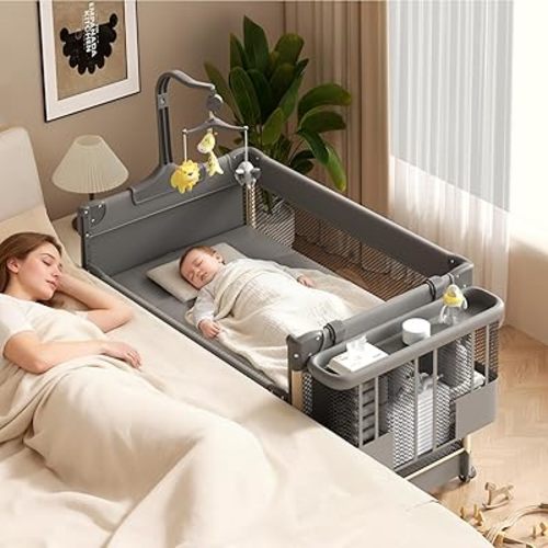 4-in-1 Portable Baby Crib: Bedside Bassinet, Playard (Pack and Play) with Diaper Changer, Rotating Musical Toy Rack and Travel Bag, Folding Travel Crib for Newborn to Toddler (Ivy Gray)