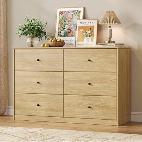Cómoda de 6 cajones, cómoda de roble de 47.2 pulgadas para dormitorio, cómoda moderna de mediados de siglo, cómoda de madera organizadora para dormitorio, armario