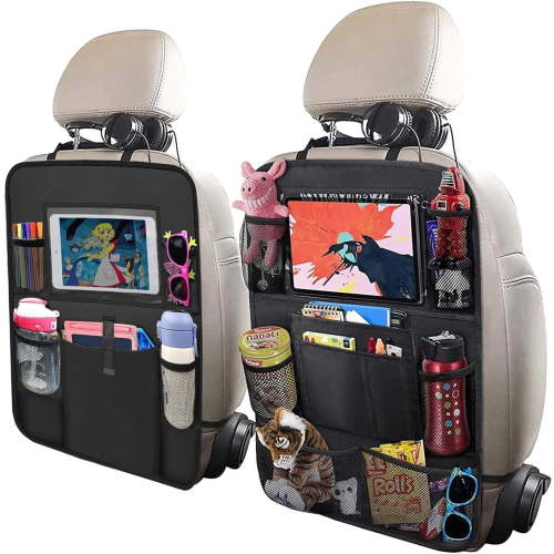 2 Pack Car Backseat Organiser with 10" Tablet Holder Anti Kick Mats Back Seat Protector Car Back Seat Organizer for Kids Car Travel Accessories Kids Toy Storage with 9 Storage Pockets