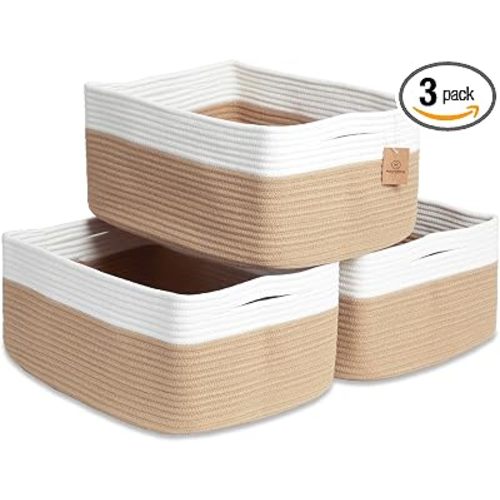 NaturalCozy Storage Baskets 16.8”x13”x7.6” Cotton Rope Woven Baskets for Organizing 3-Pack | Toy Storage Bins | Basket for Shelves, Laundry, Blanket, Clothes, Closet, Kitchen, Bathroom, Gifts