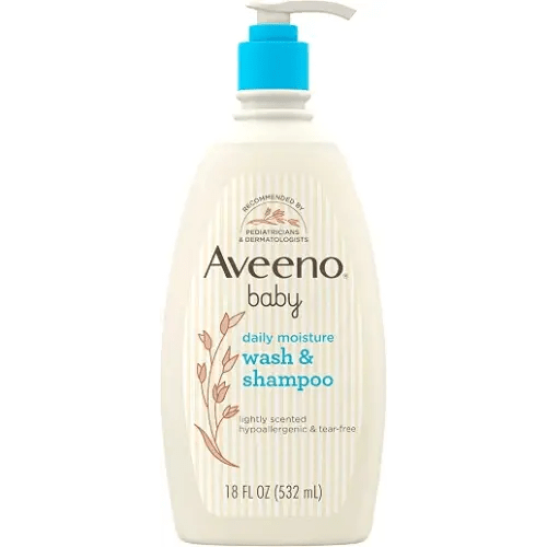 Aveeno Baby Daily Moisture Wash & Shampoo, Tear-Free, 18 fl. oz | 2-in-1 Baby Wash and Hair Shampoo with Oat Extract, for Sensitive Skin and Hair, No Added Parabens