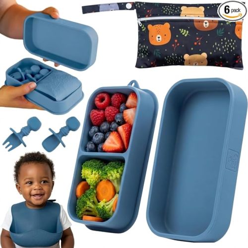 Baby Travel Feeding Set with Silicone Suction Plates, Dark Blue Small | BPA-Free and Non-Toxic, Microwave and Dishwasher Safe, Waterproof Carry Case, Foldable Bib, Fork Included