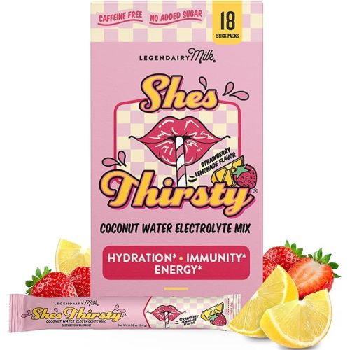 Legendairy Milk She’s Thirsty – Strawberry Lemonade, No Sugar Added Electrolytes Powder Packets–Coconut Water Mix for Women, Instant Hydration Packets, Immune Support, Pregnancy Safe, 18 Ct