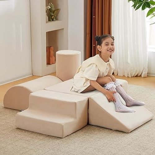 jela Foam Blocks 6Pcs Soft Play Equipment Luxury Miss Fabric, Toddler Climbing Toys Indoor Soft Play Climbing for Toddlers, Lightweight Climbing Blocks for Babies, Kids, Climb and Crawl Foam Playset