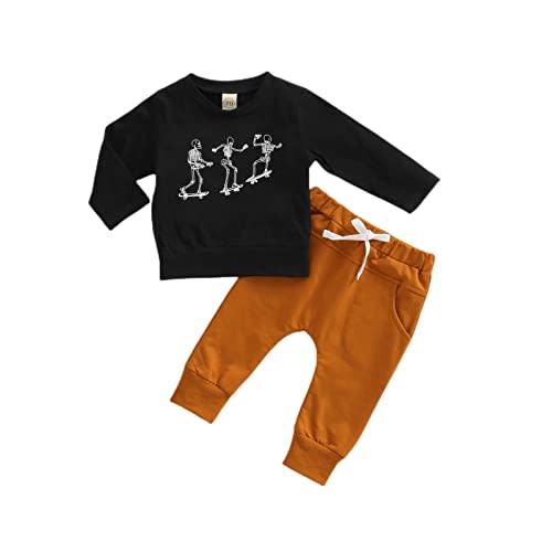 xiqaalombvt Toddler Baby Boy Halloween Clothes Crewneck Sweatshirt Pullover Long Sleeve Shirt Pants Spooky Skeleton Outfits