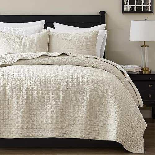 palassio Beige 100% Cotton Quilt Queen Size Bedding Sets with 2 Pillow Shams, Textured Lightweight Soft Bedspread Shabby Chic Coverlet, Neutral Quilted Comforter Bed Cover for All Season, 3 Pieces