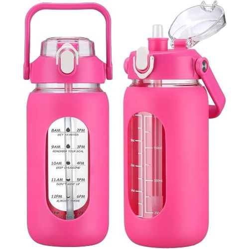 42oz Glass Water Bottles with Straw, Motivational Glass Bottle with Silicone Sleeve and Time Marker, Leakproof Large Glass Water Jug for Gym Home Office,Rose red