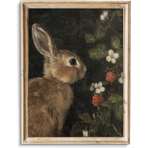 uniro Vintage Rabbit Wall Art, Farmhouse Canvas Wall Decor, Easter Bunny and flowers Painting, Antique Rabbit Painting Wall Art Decoration for Office Bedroom Room Living Decor(8" x 10"-UNFRAMED)