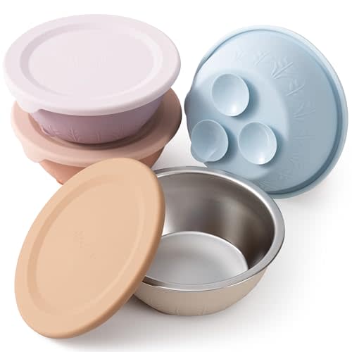 Moonkie Baby Bowls with Suction, Stainless Steel & Silicone Toddler Bowls with Lids, Seamless One-Piece Design Silicone Bowls for Babies 4 Months+, 13oz, BPA-Free, Lead-Free, Dishwasher Safe, 4 Pack