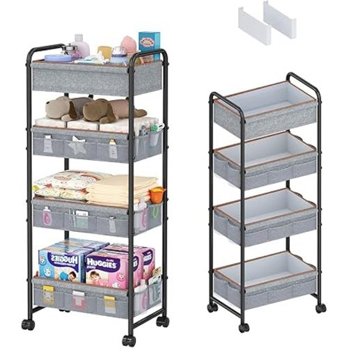 4-Tier Baby Diaper Caddy Cart Organizer,Mobile Nursery Baby Dresser Clothes Organizer with Wheels,with 2 Dividers & 21 Mesh Pockets,Metal Utility Cart for Nursery,Bedroom,Bathroom