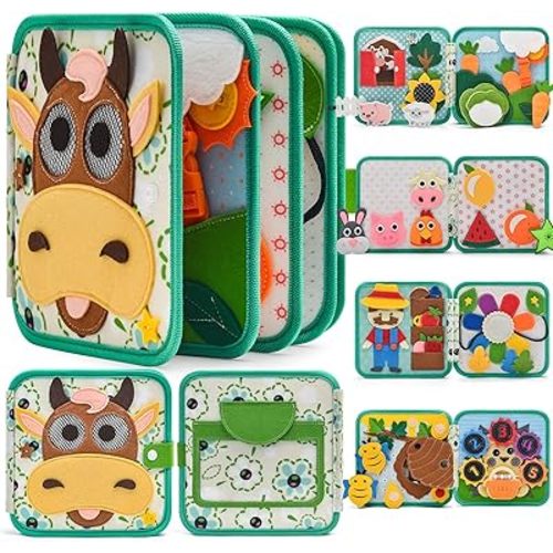 Montessori Busy Book for Toddlers 1-3, Felt Quiet Book & Busy Board for Preschool Learning, Fine Motor Skills & Sensory Play, Educational Travel Toy and Gift for Kids – Farm Animals Theme, Green