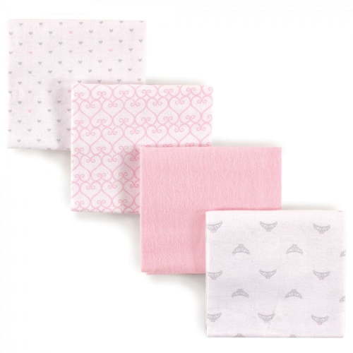 Luvable Friends Baby Girl Cotton Flannel Receiving Blankets, Tiara 4-Pack, One Size